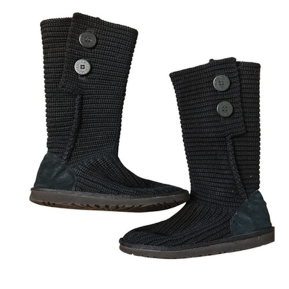 UGG Boots Women's Size 6 Black Knit Tall Button Shearling Style Cozy Winter 5649